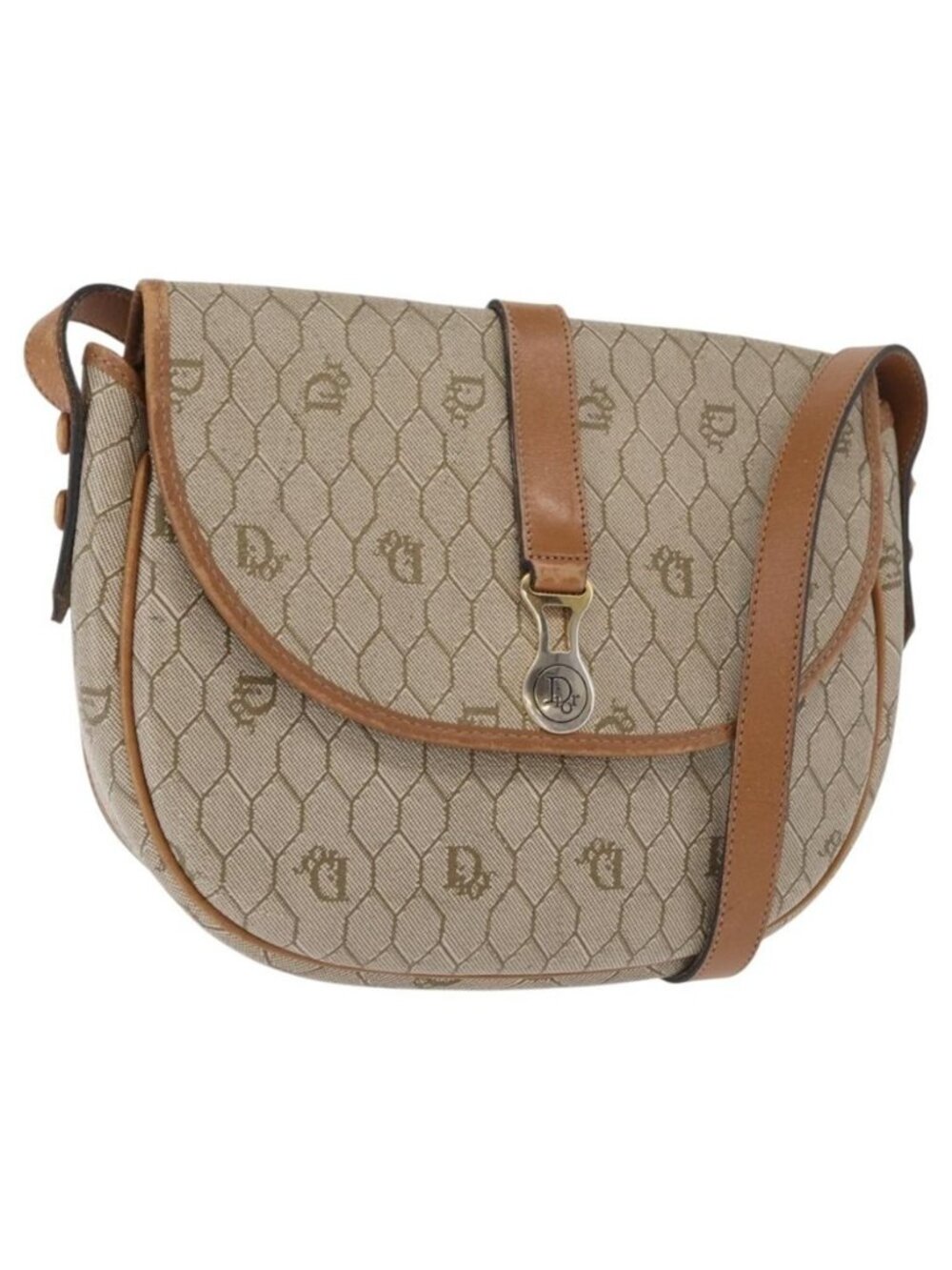 Authentic Christian Dior Honeycomb Canvas Shoulder Bag PVC Beige Gold